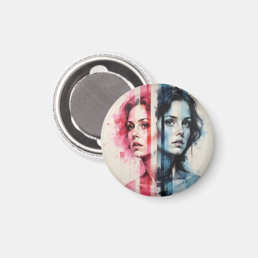 Red & Blue Duality - Twin Portraits in Abstrakt St Magnet (Vorderseite/Rückseite)