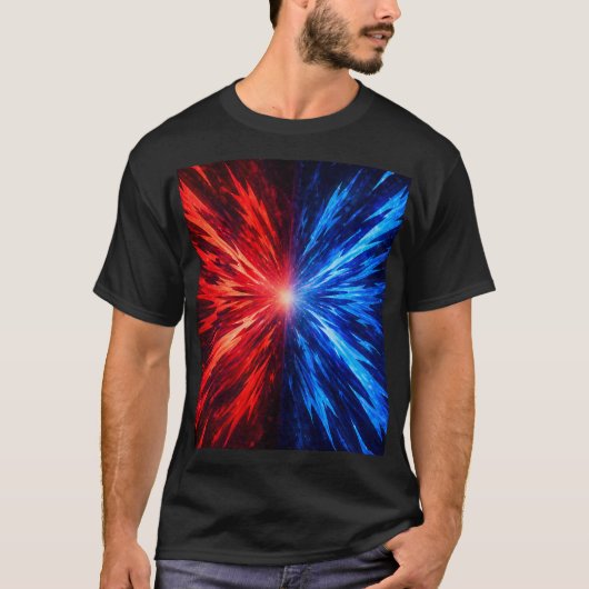 Red Blue Energy Burst T-Shirt – Abstract Explosion (Vorderseite)