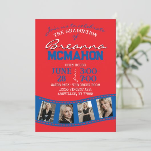 Red & Blue Filmstrip 5 Foto Abschluss Einladung (Stehend Vorderseite)