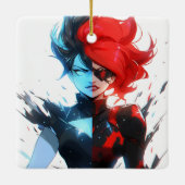 Red Blue Fire Ice Comic Style Anime Girl Keramikornament (Rückseite)