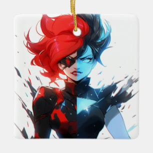 Red Blue Fire Ice Comic Style Anime Girl Keramikornament