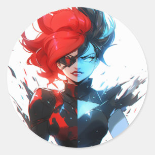 Red Blue Fire Ice Comic Style Anime Girl Runder Aufkleber