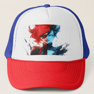 Red Blue Fire Ice Comic Style Anime Girl Truckerkappe