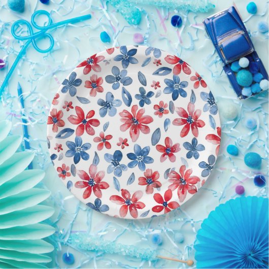 Red Blue Floral 4. Juli Plate Pappteller (Party)