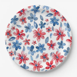 Red Blue Floral 4. Juli Plate Pappteller
