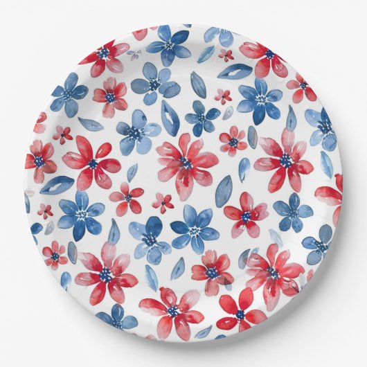 Red Blue Floral 4. Juli Plate Pappteller (Vorderseite)