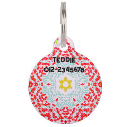 Red Blue Floral mit Kontaktnummer. Haustiermarke