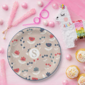 Red Blue Floral Monogram Bauernmuster Pappteller (Party)