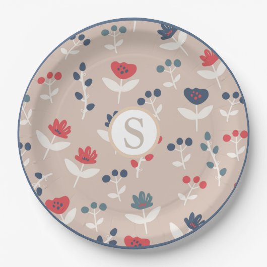 Red Blue Floral Monogram Bauernmuster Pappteller (Vorderseite)
