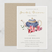 Red Blue Floral Teapot Brautparty Party Einladung (Vorne/Hinten)