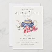 Red Blue Floral Teapot Brautparty Party Einladung (Vorderseite)