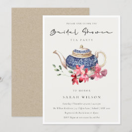 Red Blue Floral Teapot Brautparty Party Einladung