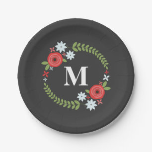 Red + Blue Floral Wreath Monogramm Pappteller