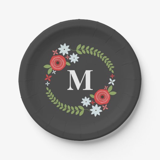 Red + Blue Floral Wreath Monogramm Pappteller (Vorderseite)