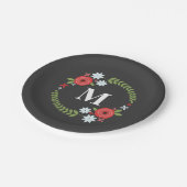 Red + Blue Floral Wreath Monogramm Pappteller (Schrägansicht)