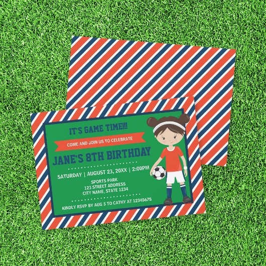 Red Blue Football Girl Soccer Einladung zum Geburt