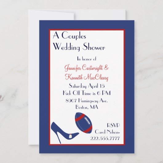 Red & Blue Football Paares Polterabend Einladung (Vorderseite)