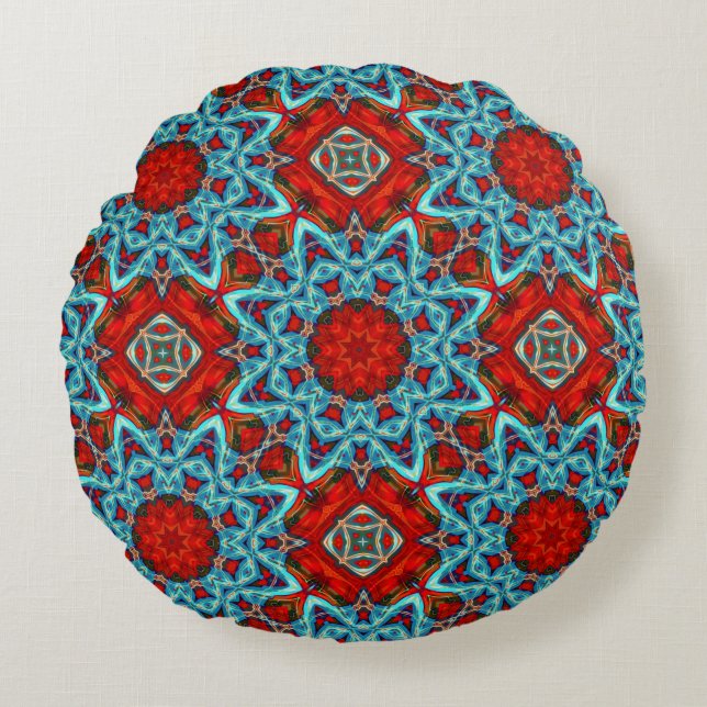 Red Blue Geometric Star Rundes Kissen (Vorderseite)