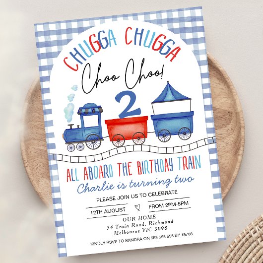 Red Blue Gingham Chugga Chugga Train Birthday Einladung