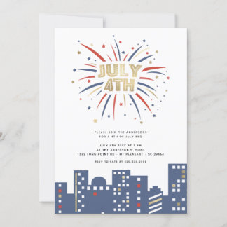 Red Blue & Gold Fireworks 4. Juli Party Modern Einladung