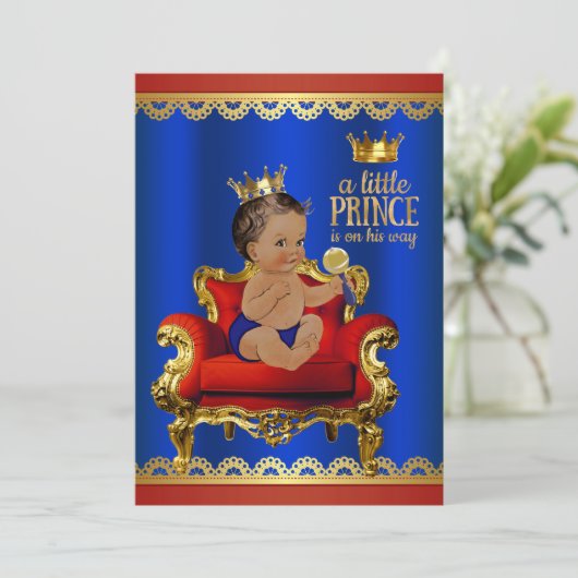 Red Blue Gold Stuhl Ethnic Prince Boy Baby Dusche Einladung (Stehend Vorderseite)