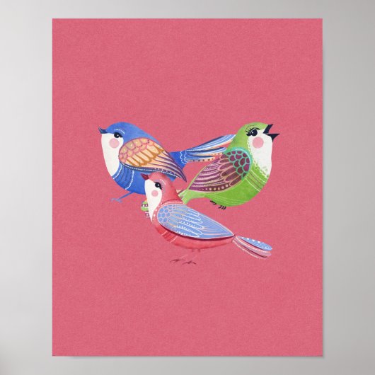 Red Blue Green Birds Folk Art Wall Art Poster (Vorne)