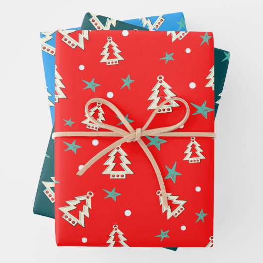 Red Blue Green Christmas Tree Sterne Muster Geschenkpapier Set (Beispiel)