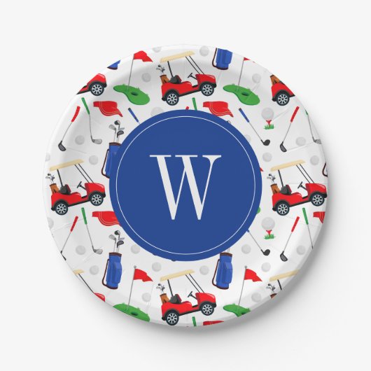 Red Blue & Green Golf Monogram Pappteller (Vorderseite)