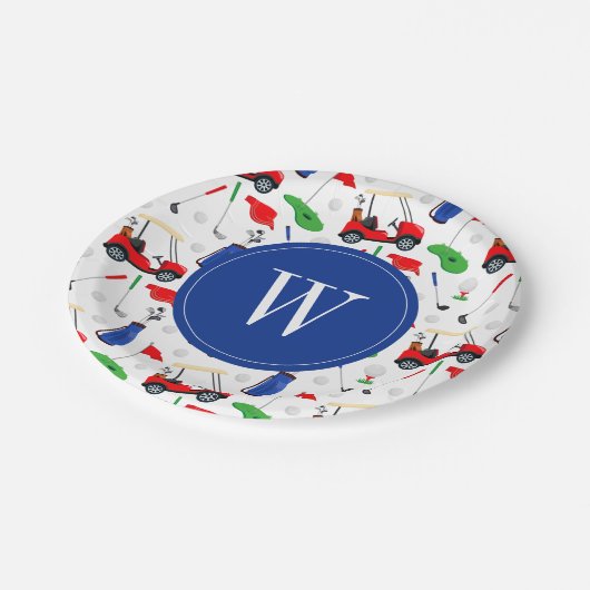 Red Blue & Green Golf Monogram Pappteller (Schrägansicht)