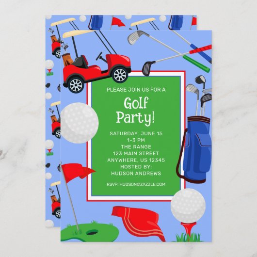 Red Blue & Green Golf Party Einladung (Vorne/Hinten)