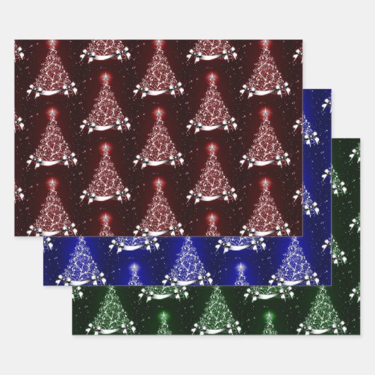 Red Blue & Green Silver Tree Motif Geschenkpapier Set (Set)