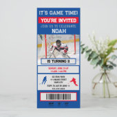 Red&blue Hockey Goalie Ticket Party Einladung (Stehend Vorderseite)