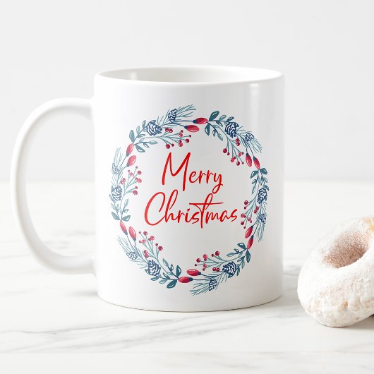 Red Blue Holly Verlasst Wreath Frohe Weihnachten Kaffeetasse