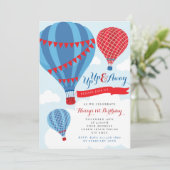 Red & Blue Hot Air Ballon Birthday Einladung (Stehend Vorderseite)