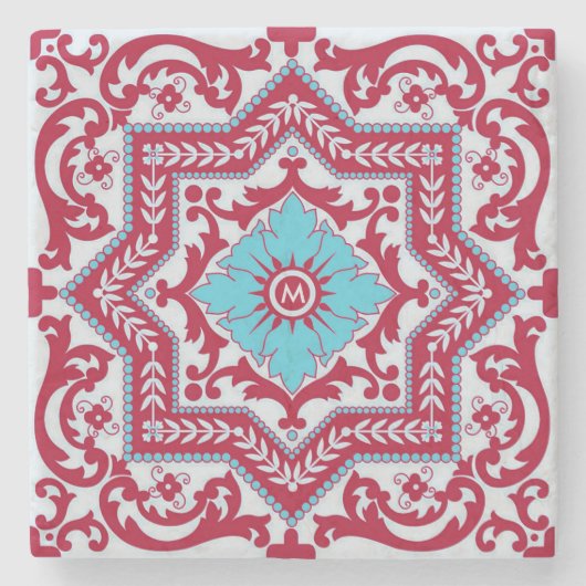 Red Blue Keramik Style Azulejo Vintag Monogram Steinuntersetzer (Vorderseite)