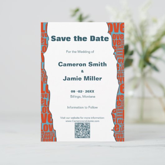 Red Blue Liebe Typografie Border Save The Date (Stehend Vorderseite)