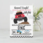 Red Blue Monster Truck 1. Geburtstag Einladung (Stehend Vorderseite)