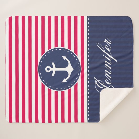 Red Blue Nautic Anchor Design Individuelle Name Sherpadecke (Vorderseite (Horizontal))