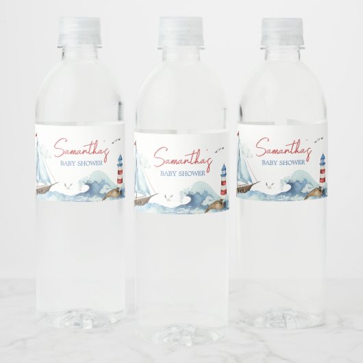 Red Blue Nautical Baby Dusche Wasserflaschenetikett (Flaschen)