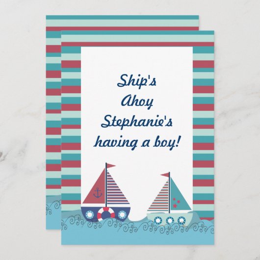 Red Blue Nautical Segelboot Kinderdusche einladen Einladung (Vorne/Hinten)