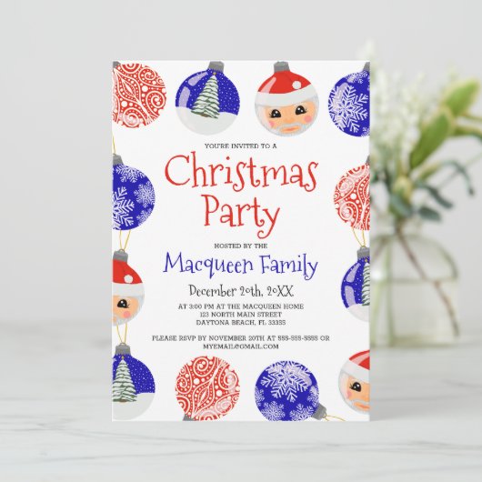 Red Blue Niedlich Ornament Baubles Party Einladung (Stehend Vorderseite)