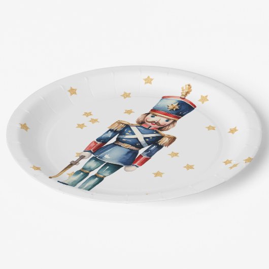 Red & Blue Nutcracker Frohe Weihnachten Pappteller (Schrägansicht)