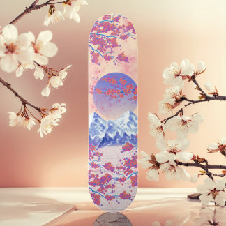 Red Blue & Orange Asiatic Cherry Blossom Sun Moon Skateboard