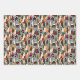 Red Blue Orange Christmas Forest Village Geschenkpapier Set