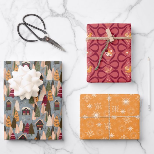 Red Blue Orange Christmas Forest Village Geschenkpapier Set (Vorderseite)