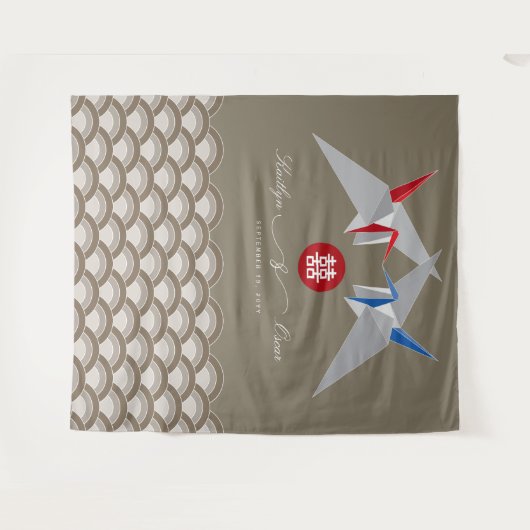 Red & Blue Paper Cranes Origami chinesische Hochze Wandteppich (Vorderseite (Horizontal))