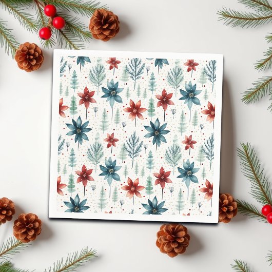 Red Blue Poinsettia Winter Serviette