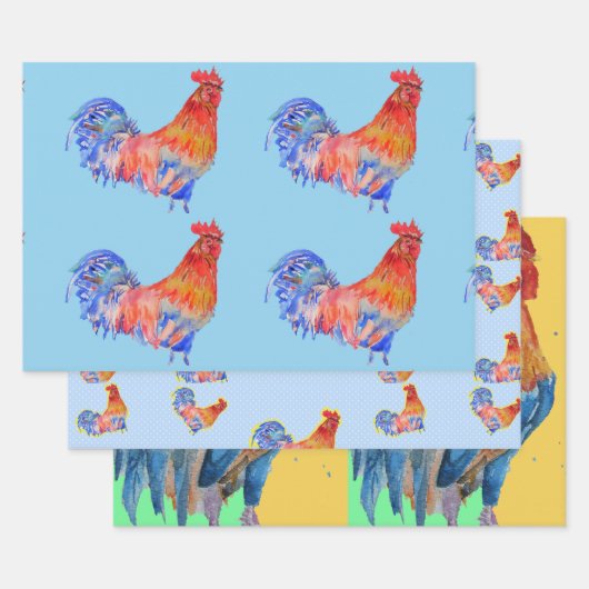 Red Blue Rooster Chicken Watercolor Malerei Geschenkpapier Set (Set)