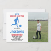Red Blue Running Soccer Geburtstag mit Foto Einladung (Vorderseite)