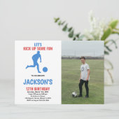 Red Blue Running Soccer Geburtstag mit Foto Einladung (Stehend Vorderseite)